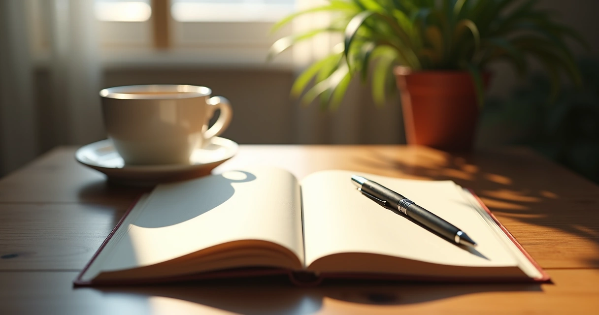 A desk with an open journal, pen, and soft morning light 