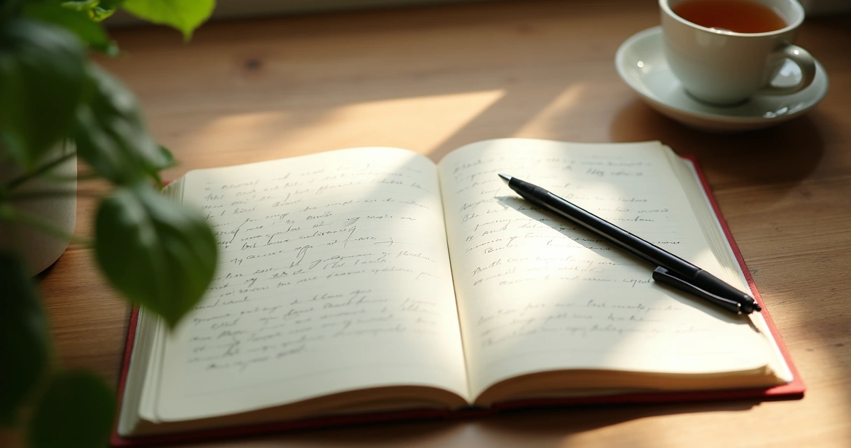 Journal, pen and cup of tea on wooden desk for inner reflection 