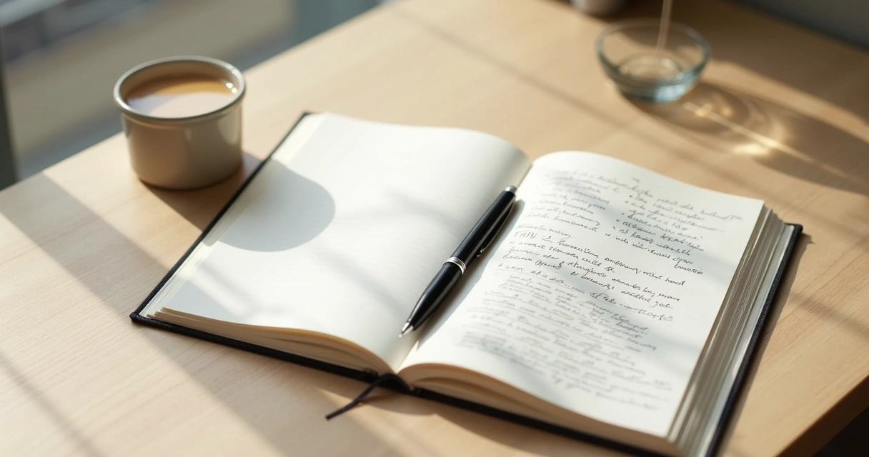 Open journal with notes, pen, and calm desk for self-inquiry