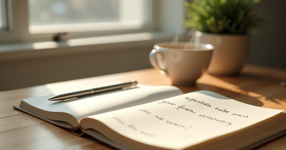 Open journal and tea cup on a quiet desk 