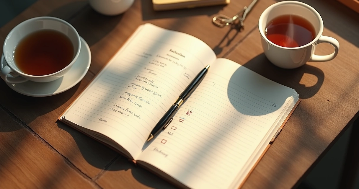 Open notebook and pen on a wood desk with a cup of tea nearby 