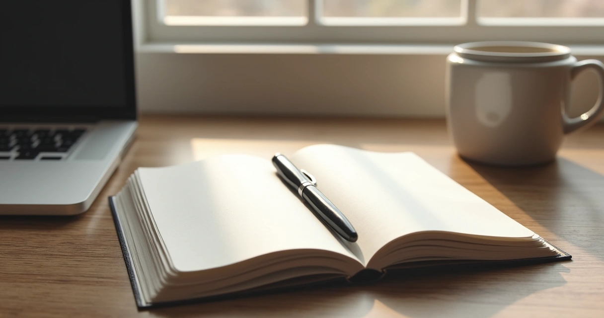 Open journal and pen on a wooden desk with coffee mug and window light 