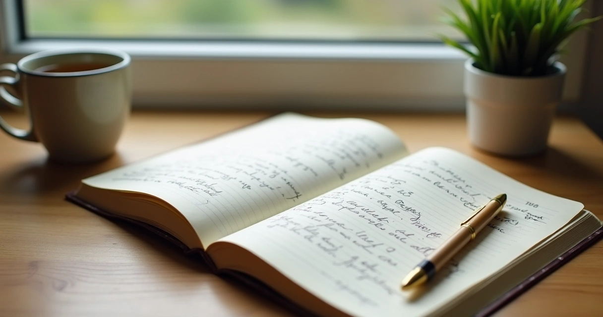 Open journal with handwritten notes, mug of tea, small plant on a tidy desk 