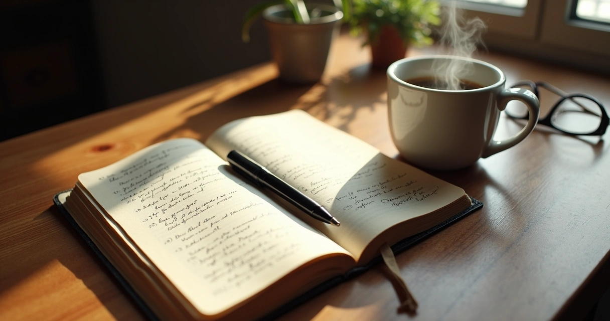 Open journal on a desk with pen, coffee, and sunlight