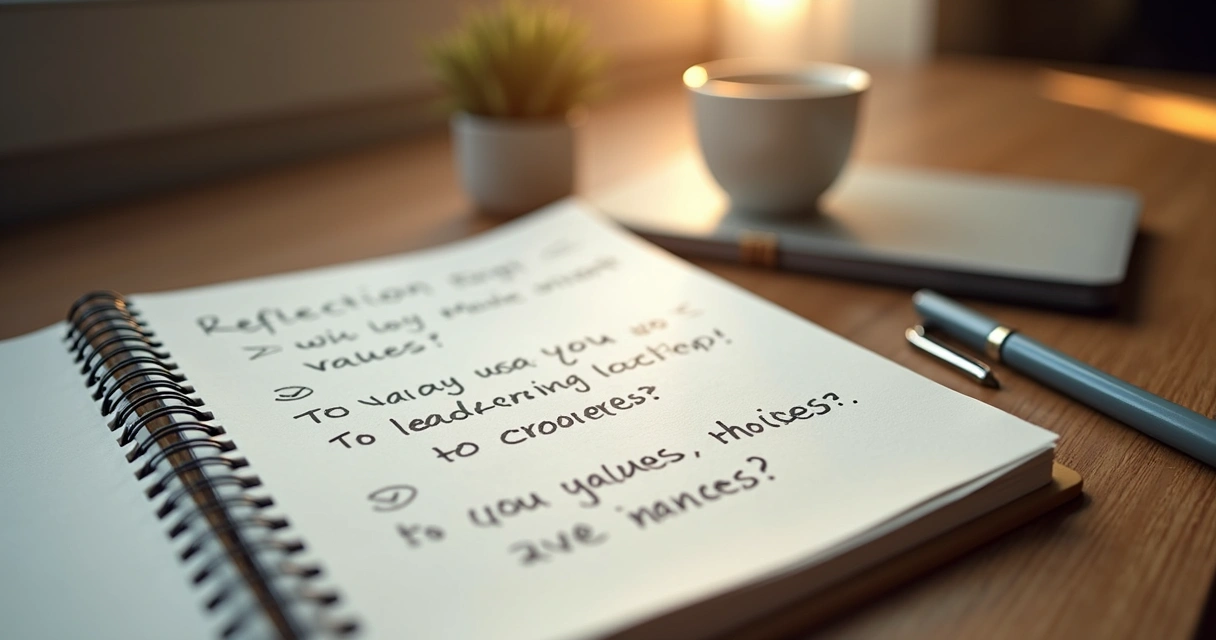 Notebook with reflection questions on a desk beside a cup and pen 