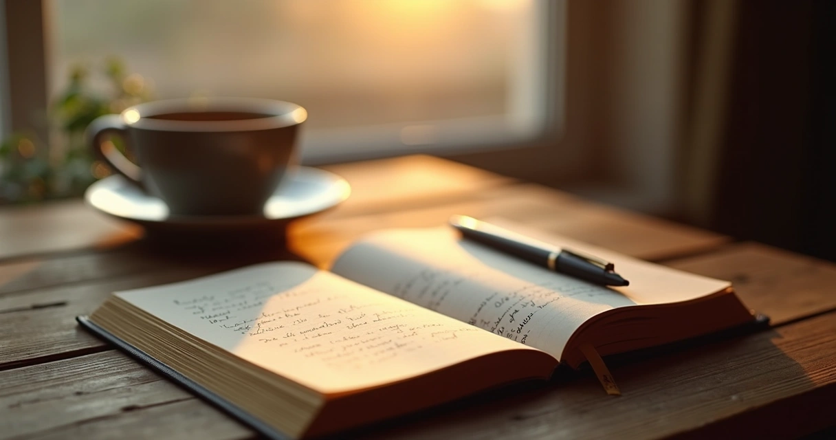 Open journal with pen and cup of tea on table 