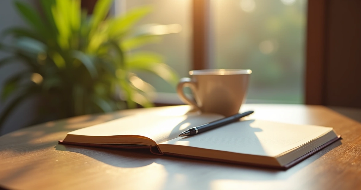 Open journal and a pen on wooden table in soft morning light 