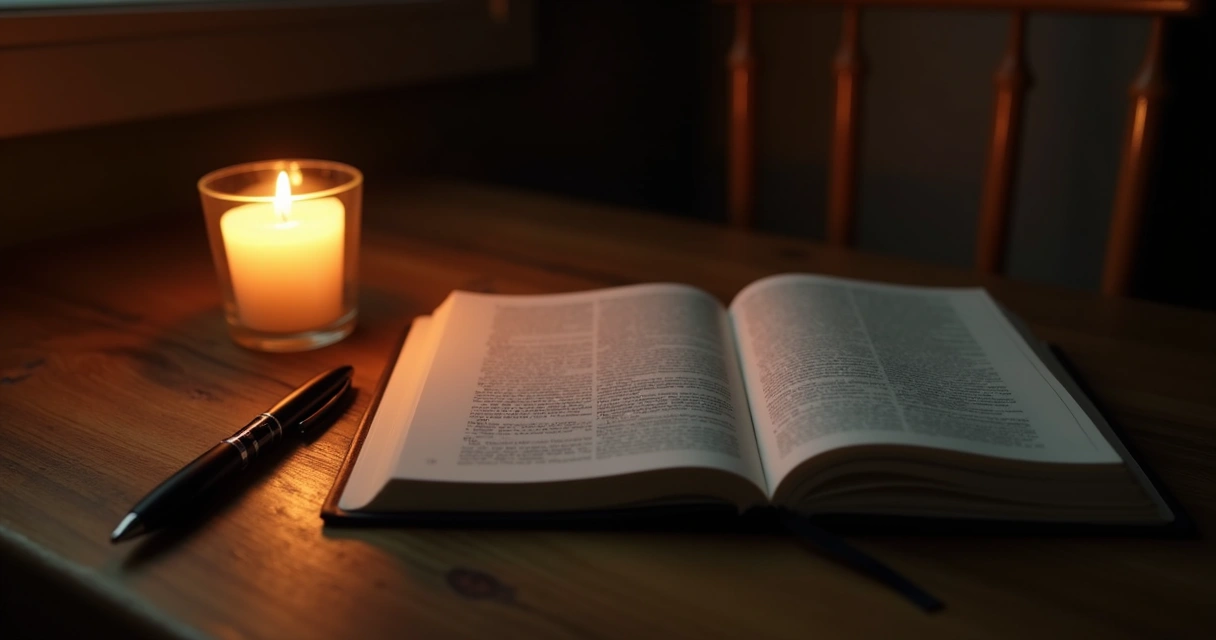 Journal, pen, and candle on a wooden table at night 