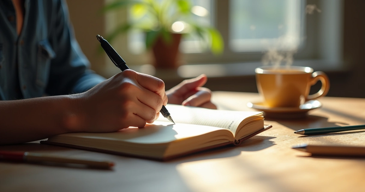Person writing reflections in a notebook, soft lighting. 