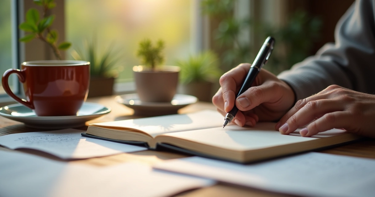 Person journaling their thoughts at a desk, sunlight coming through the window 
