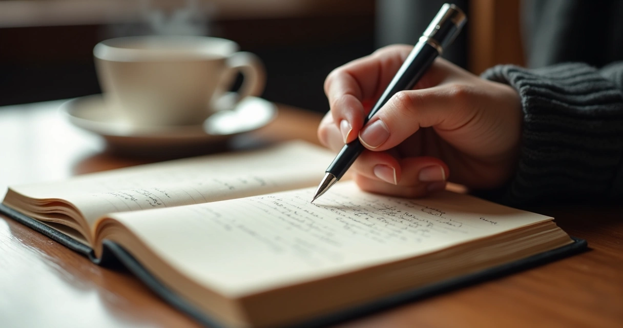 Person writing reflections in a journal at a wooden table