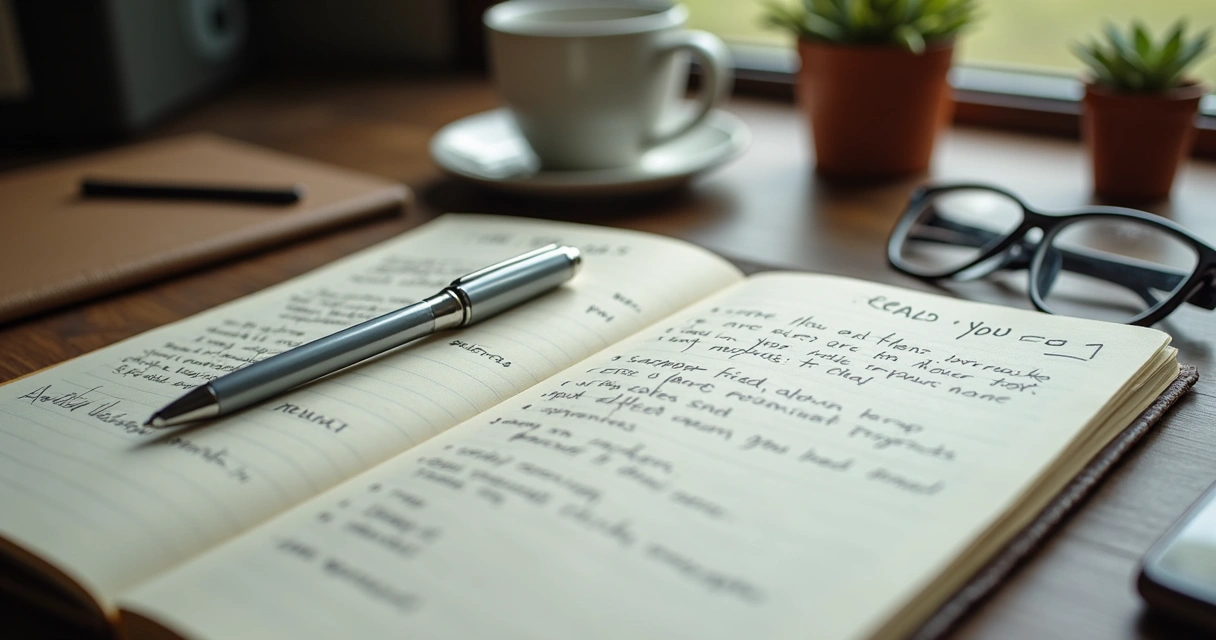 Close-up of a notebook open with handwritten goal reflections and a pen resting on the page