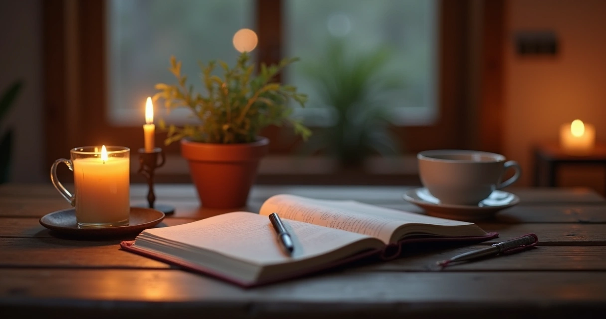 Journaling by candlelight on a wooden table 