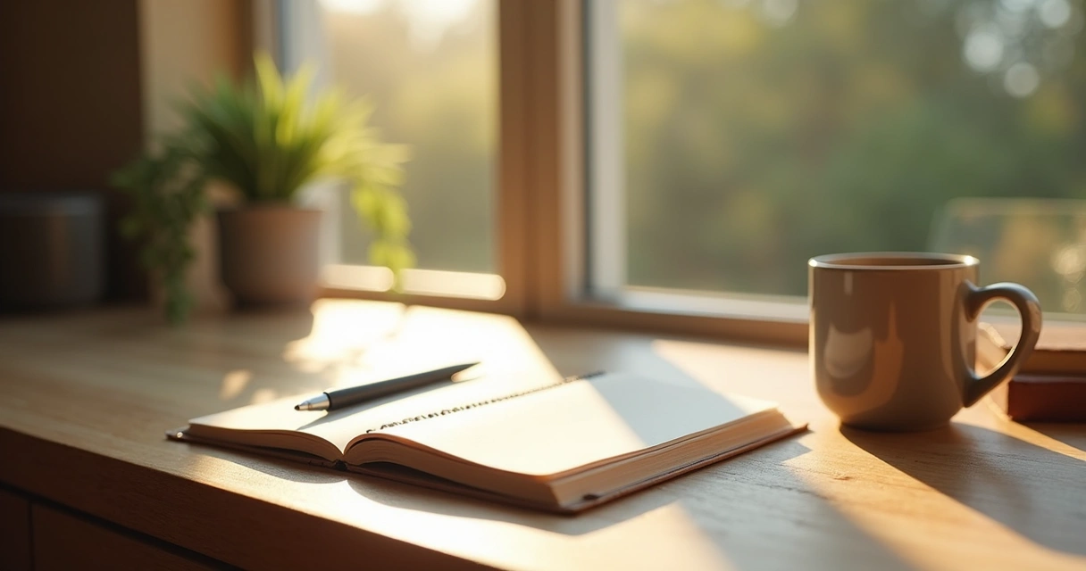 Notepad on a desk, pen next to it, soft morning light 