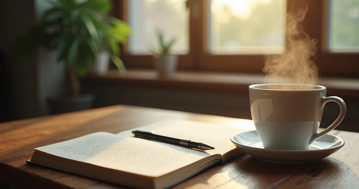 Desk with an open journal, a pen, and a cup of tea next to a window with soft light 