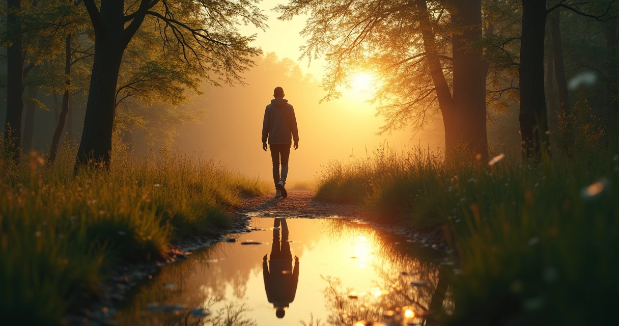 Person reflecting on their value while walking on a path 