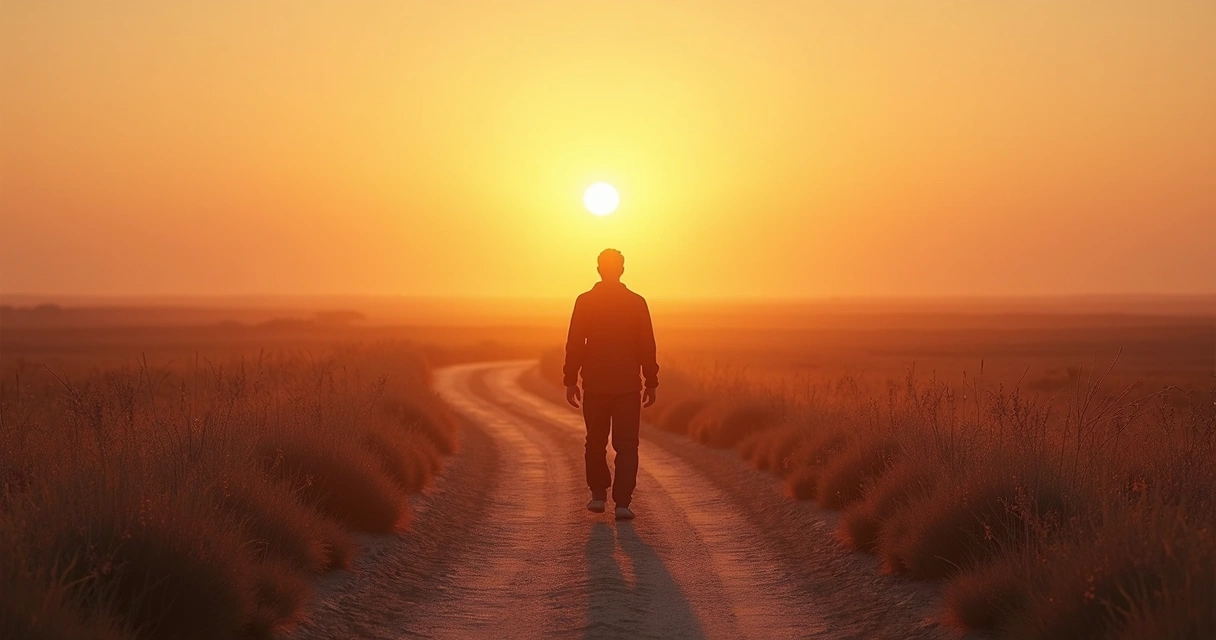 Person walking alone on a winding path at sunset, symbolizing self-reflection and journey. 