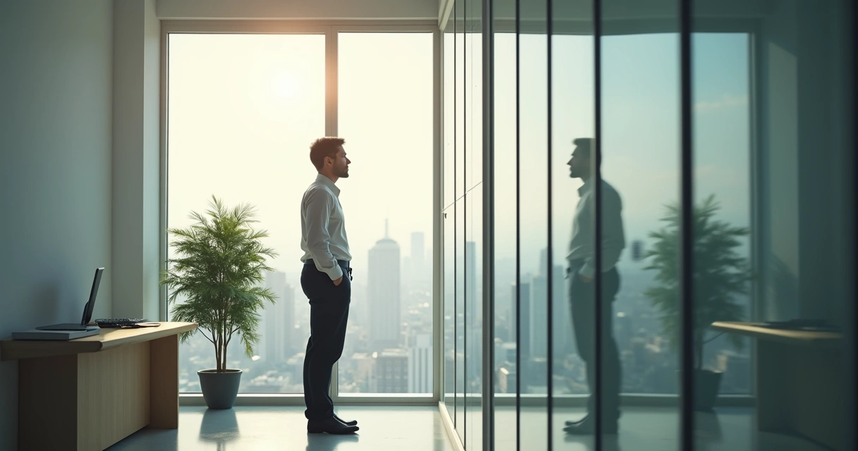 Leader looking out window in deep reflection 