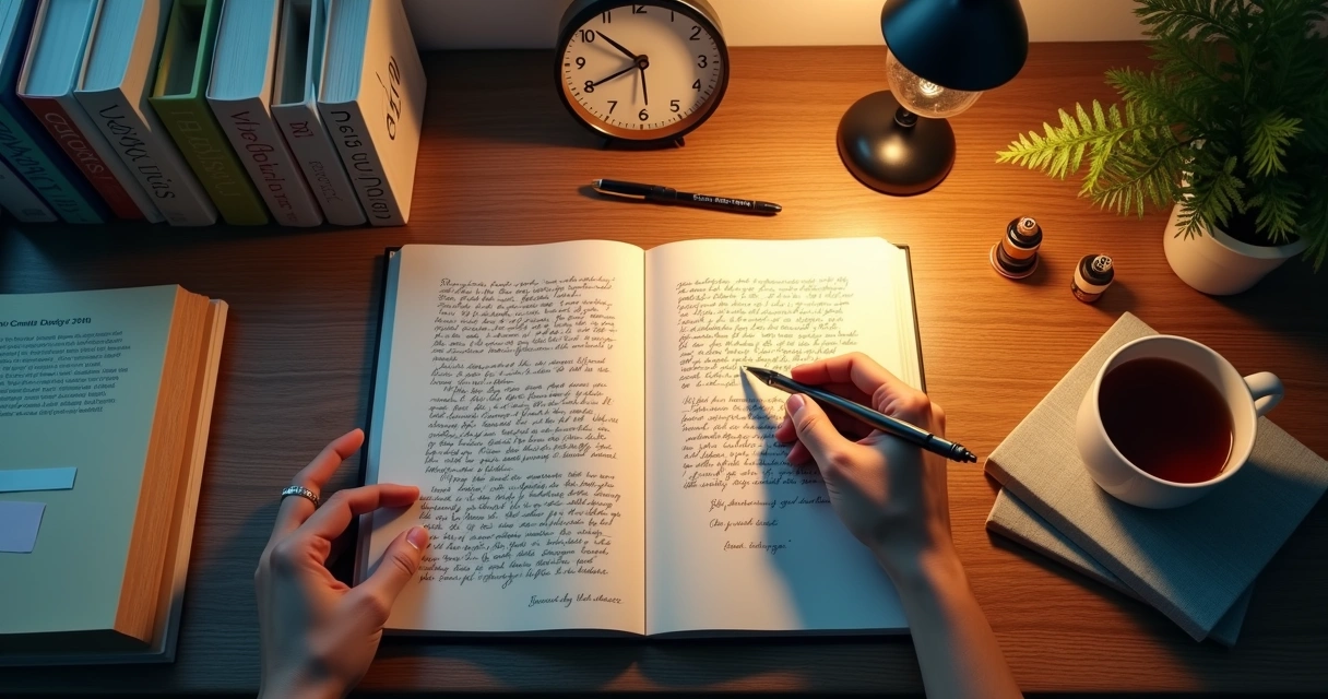 Person at home desk comparing repeated journal pages 