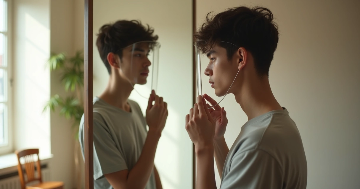 Man facing mirror removing transparent mask in calm minimalist room 