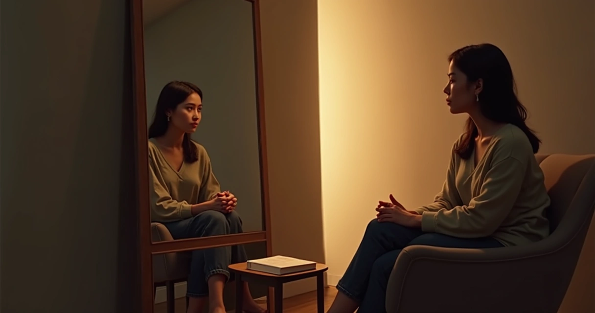 Person sitting quietly near a mirror in a softly lit room 