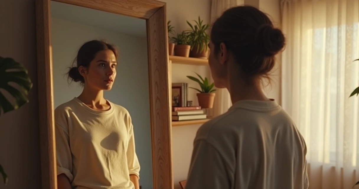 Person looking at self in mirror with thoughtful expression