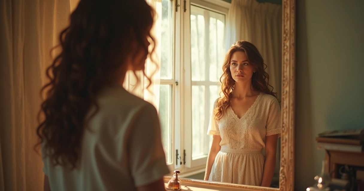 Woman looking into a mirror with a thoughtful expression, sunlight streaming through a window
