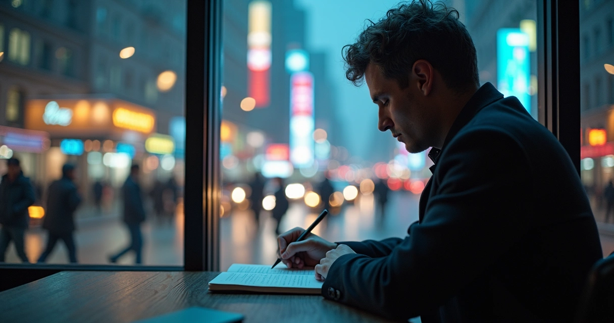 Person reflecting near window with busy city in background
