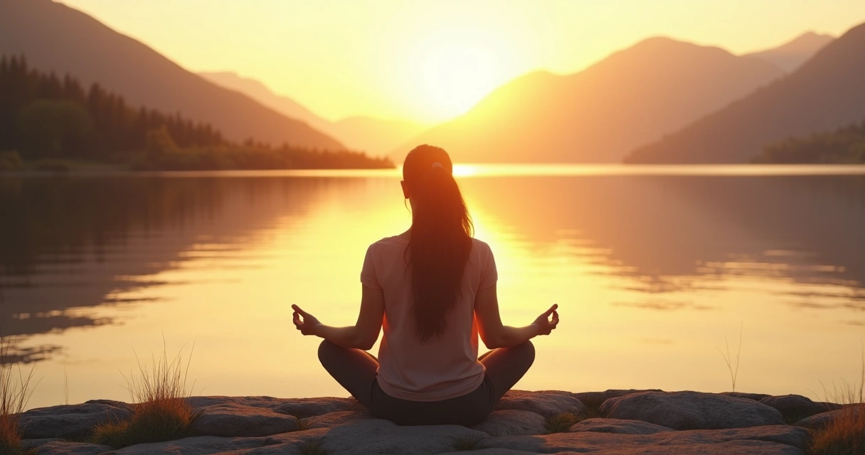 Person sitting by sunrise reflecting near a calm lake