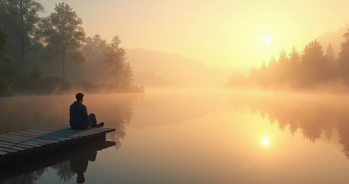 Person reflecting beside a calm lake at sunrise 