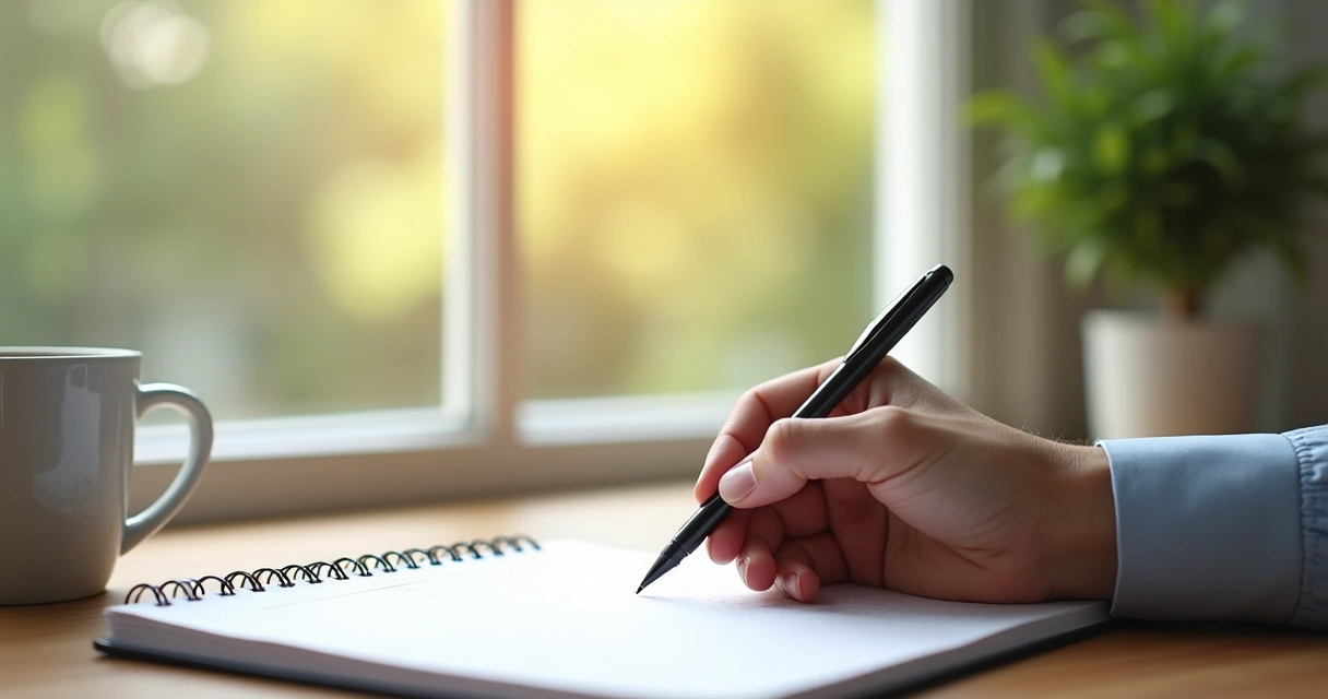 Person writing in a reflection notebook in bright morning light 