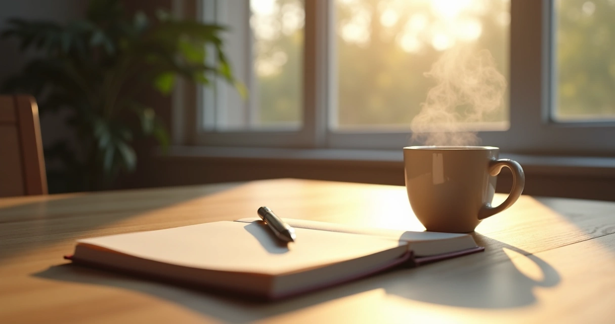 Notebook and coffee mug on table in a quiet reflective setting