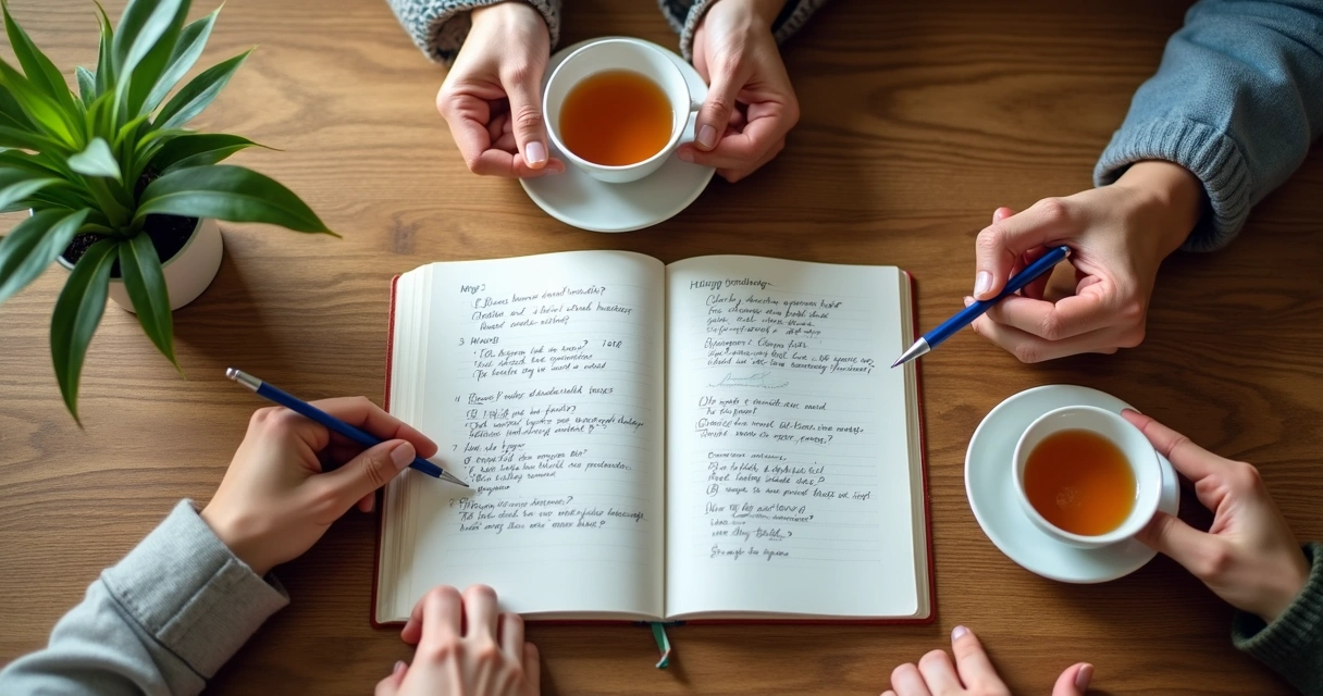 Notebook with group themes and questions on a meeting table