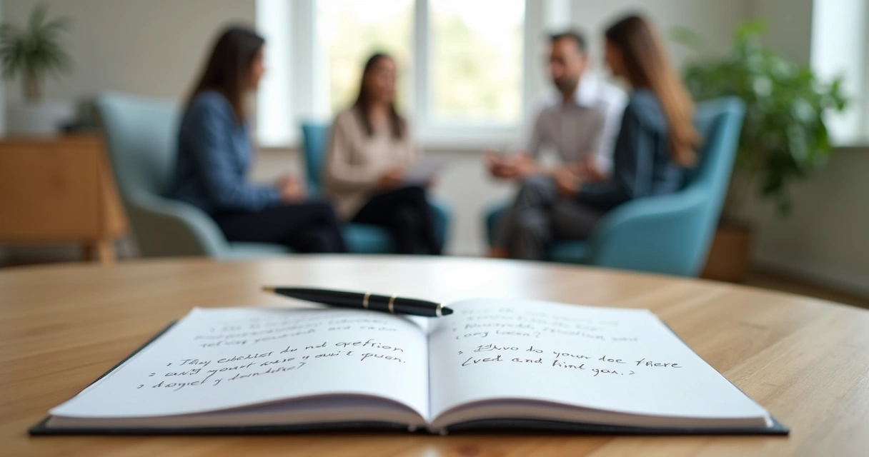 Notebook with reflection notes beside a small group in discussion 