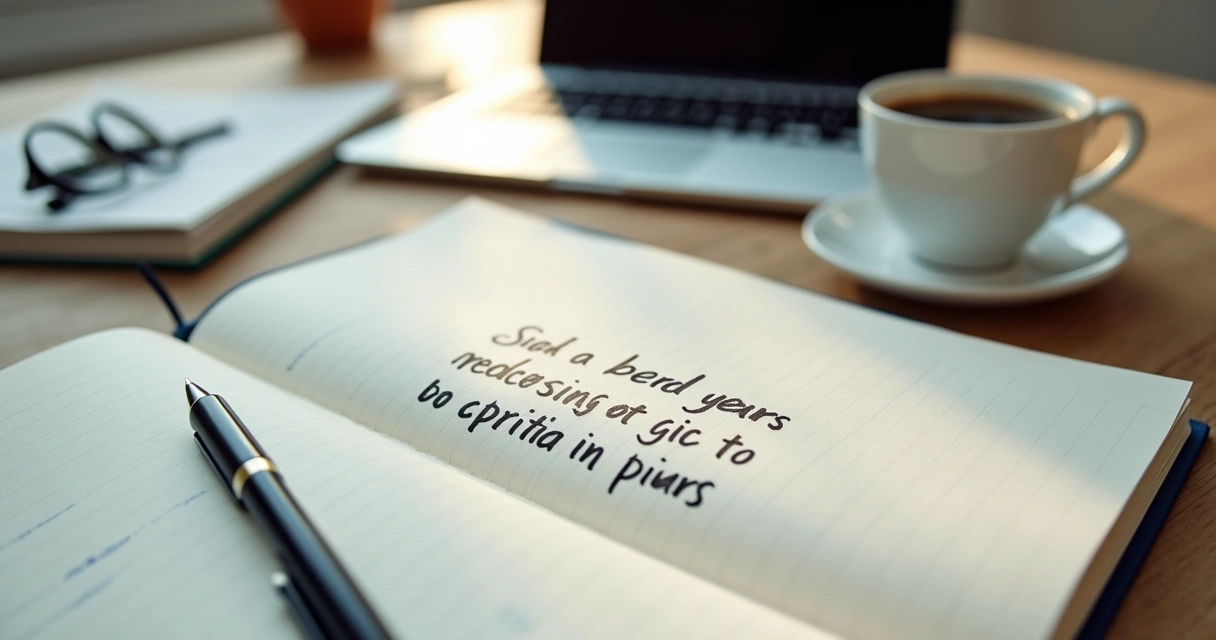 Notebook with reflection questions beside a laptop in an office