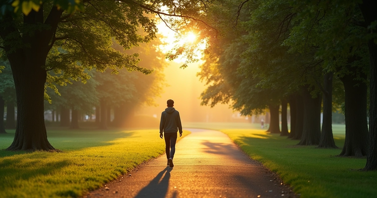 Person walking alone in green park during sunrise 