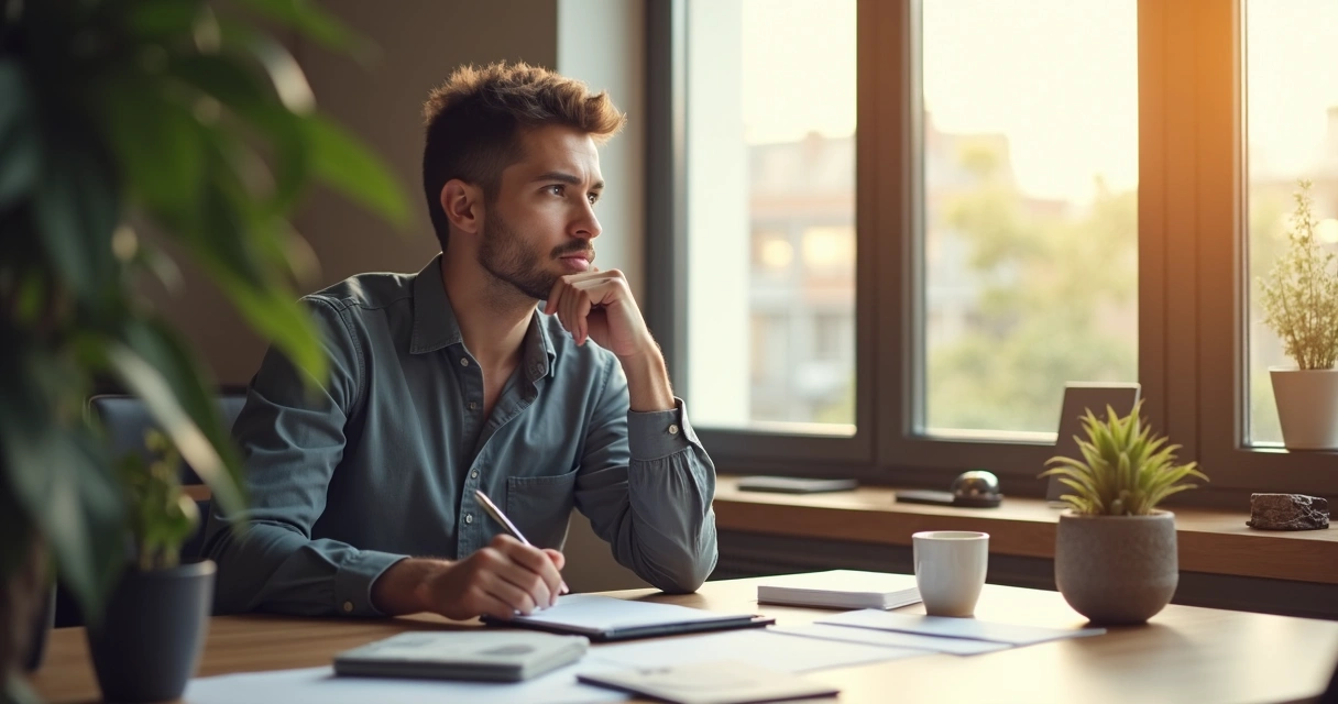 Person at office window reflecting on personal growth and patterns