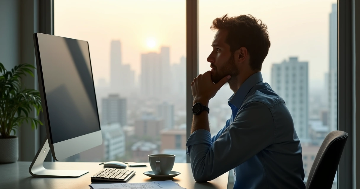 Professional reflecting on work challenges at desk