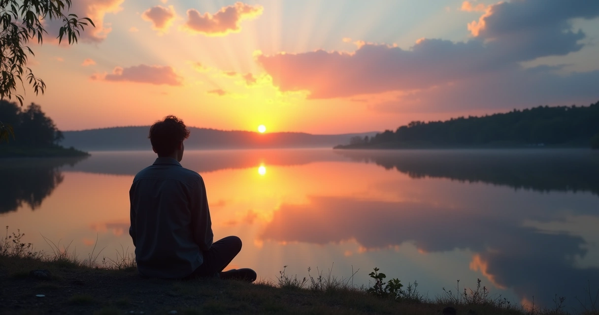 Person looking at reflection in quiet water during sunset