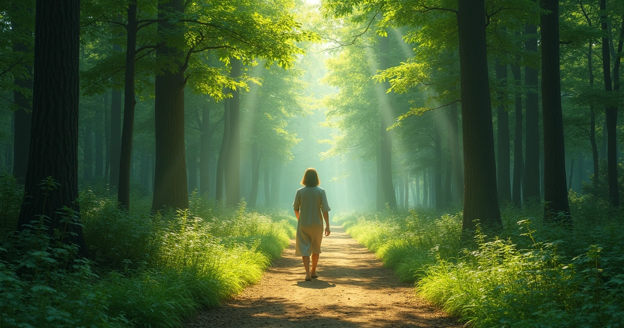 Person walking alone on a peaceful forest path surrounded by green trees, sunlight streaming through leaves 