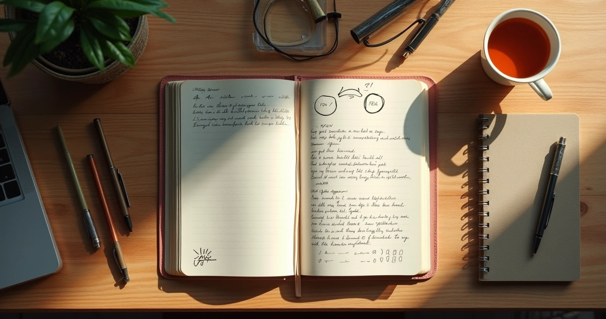 Desk with an open journal, scattered pens, and a cup of tea by a window 