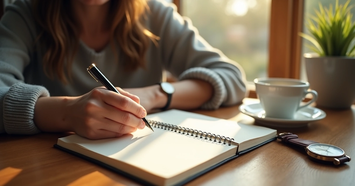 Person sitting with a journal, thoughtful, reflecting on daily routines