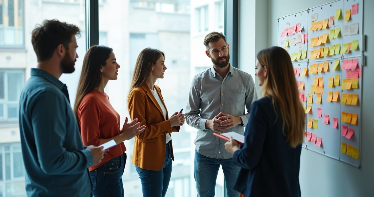 Team conducting a group reflection session with sticky notes 