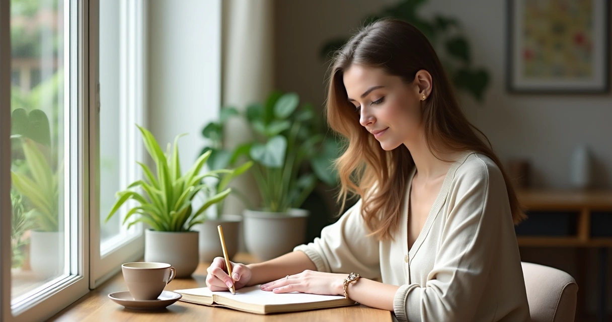 Woman sitting quietly journaling by a window 