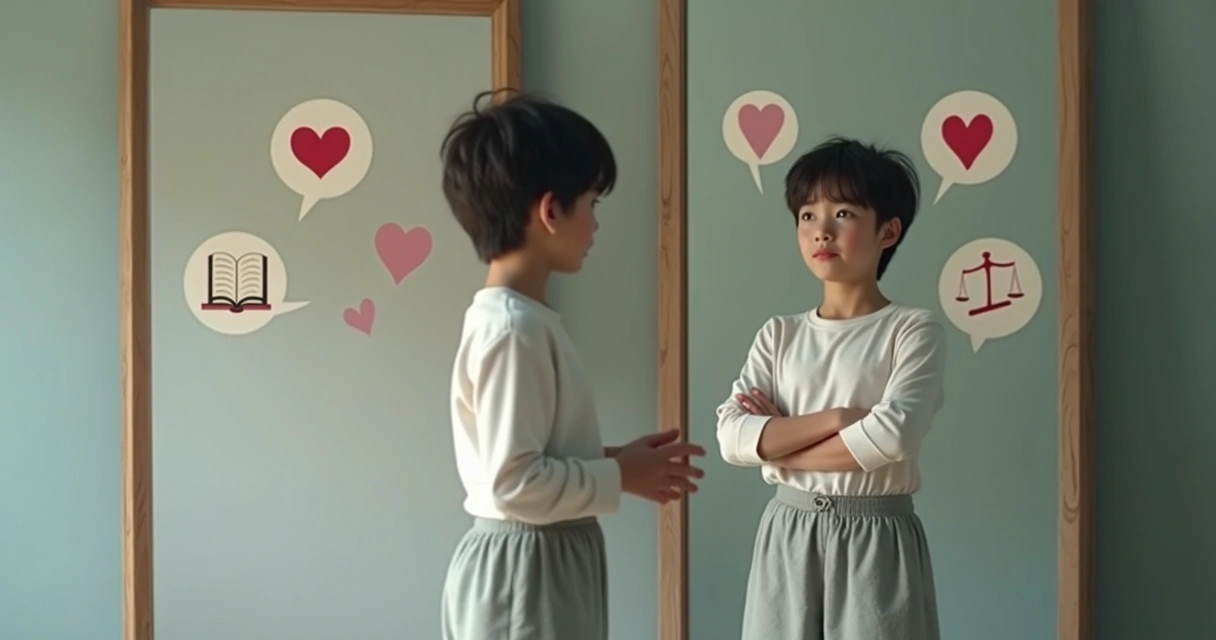 Visual representation of a person looking at their reflection, with symbols of rules and hearts split in the reflection 