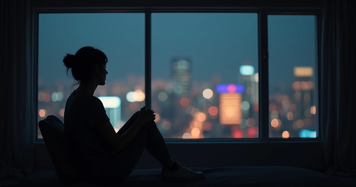 Person reflected in window while looking at night city lights