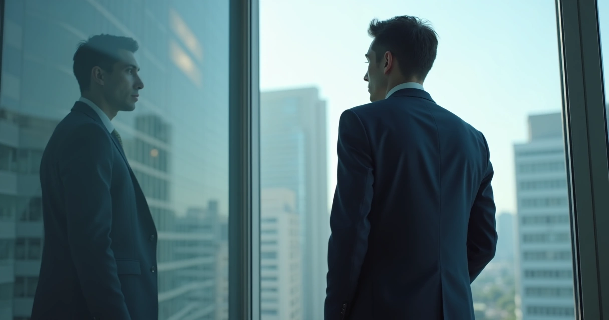 Person looking out office window in reflection 
