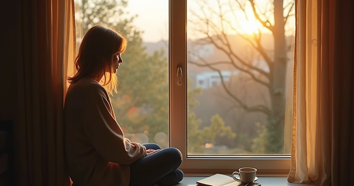 Person looking out a window during reflection 