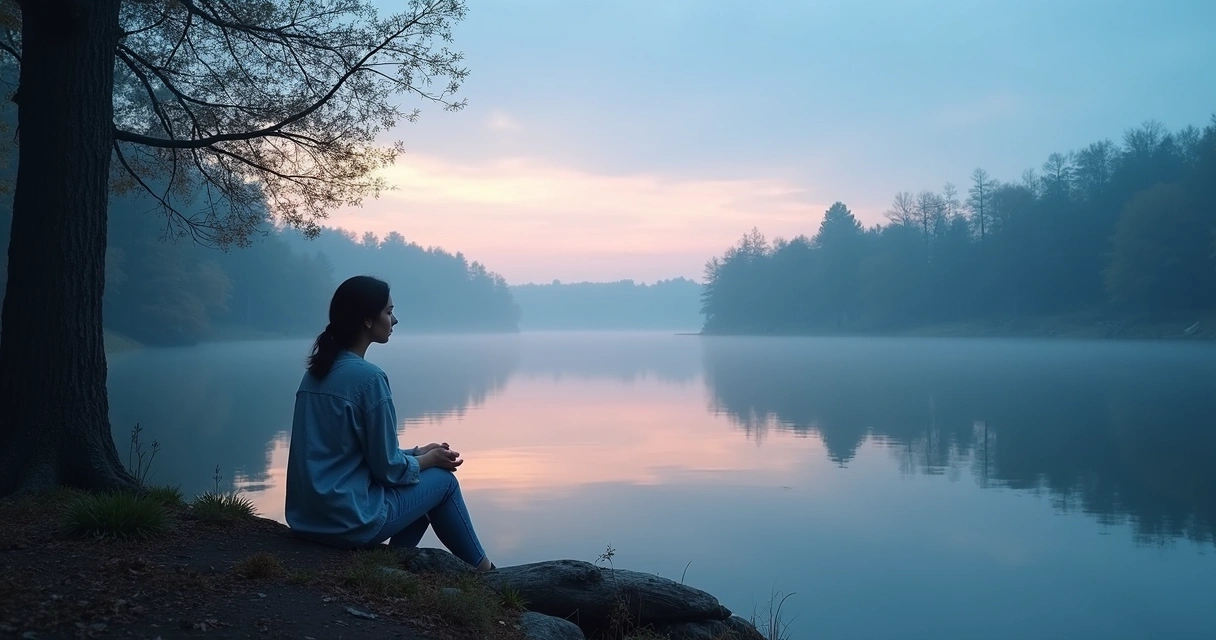 Woman looking at reflection in water during quiet moment 