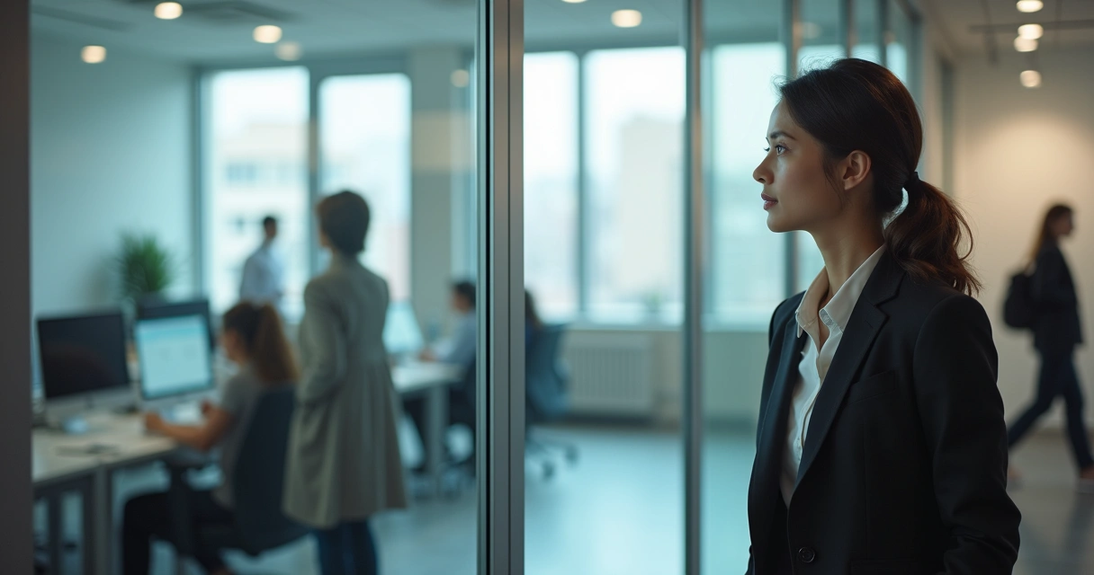 Woman looking at her reflection in an office glass wall 